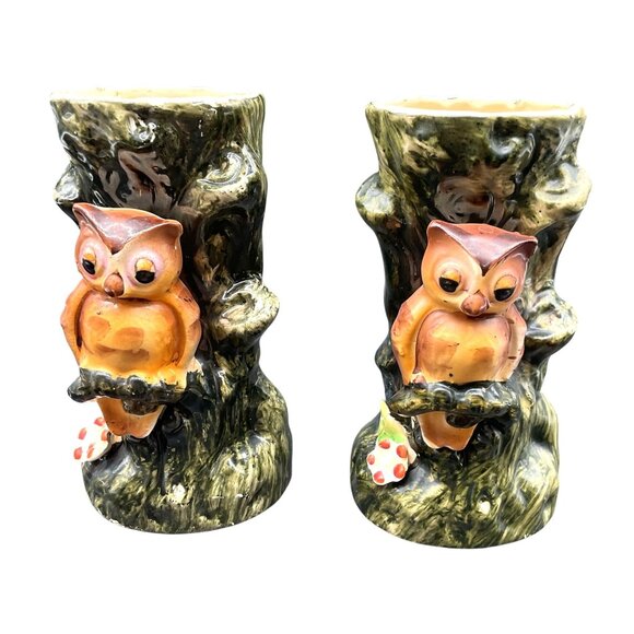 Vintage Owl Tree Trunk Ceramic Vases Hand Painted Set Of 2 - 5"H x 3"W - Picture 1 of 7